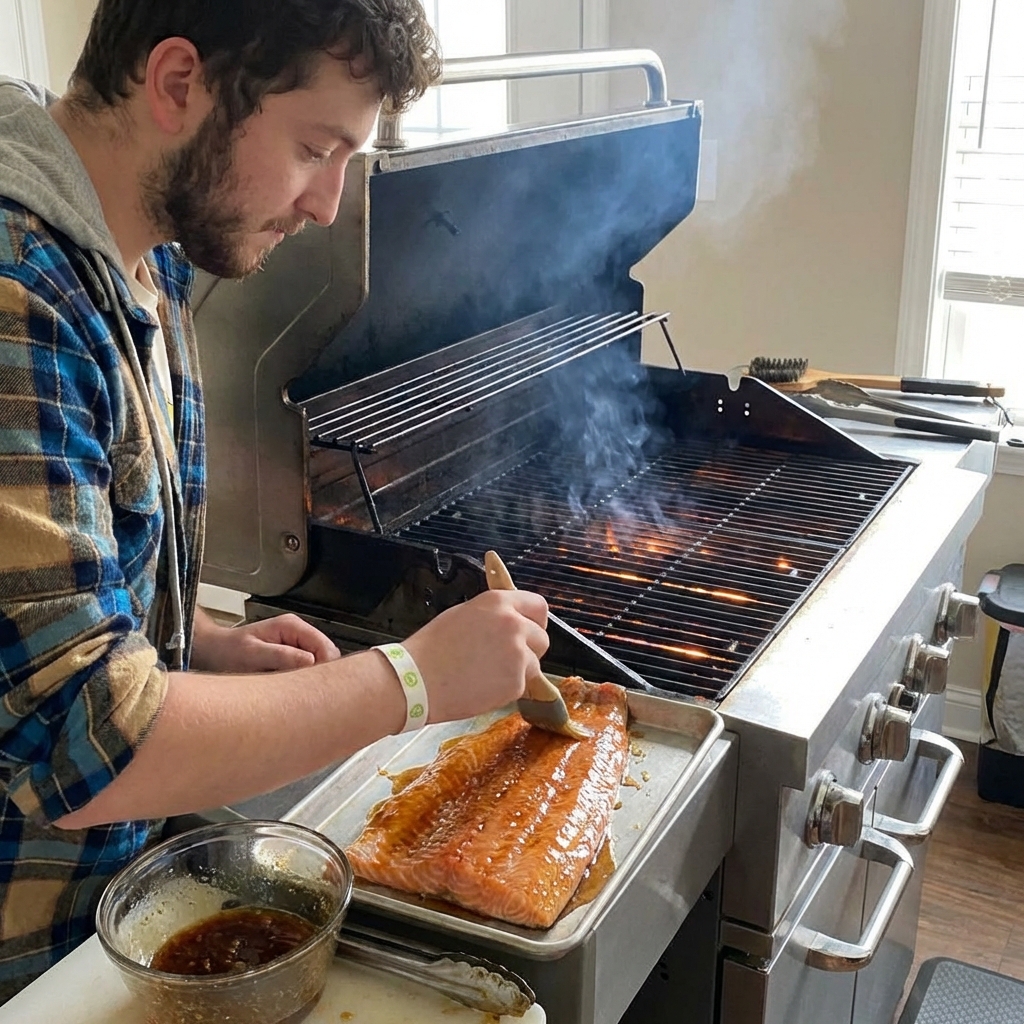 A real photograph of a salmon fillet being brushed with glaze beside a hot grill with visible grates