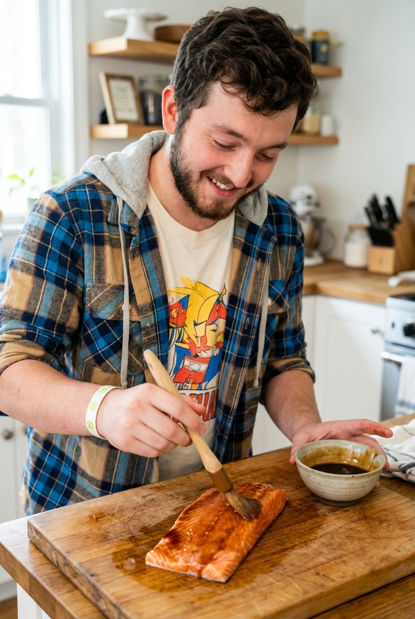 A real photograph of a salmon fillet being brushed with maple soy glaze on a cutting board with a small bowl of sauce and a pastry brush