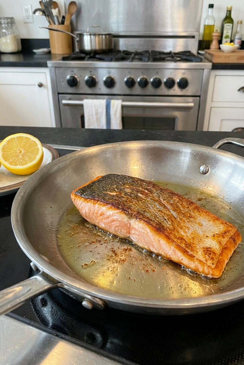 A real photograph of a salmon fillet skin-side down in a stainless steel skillet with golden crisp skin and a lemon half nearby
