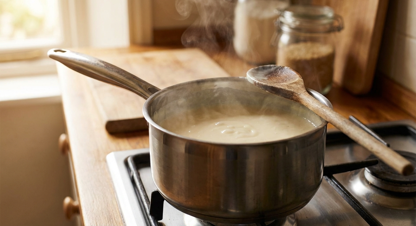 A real photograph of a saucepan on a stove with steaming cream mixture and a wooden spoon resting on the rim, in a warm home kitchen