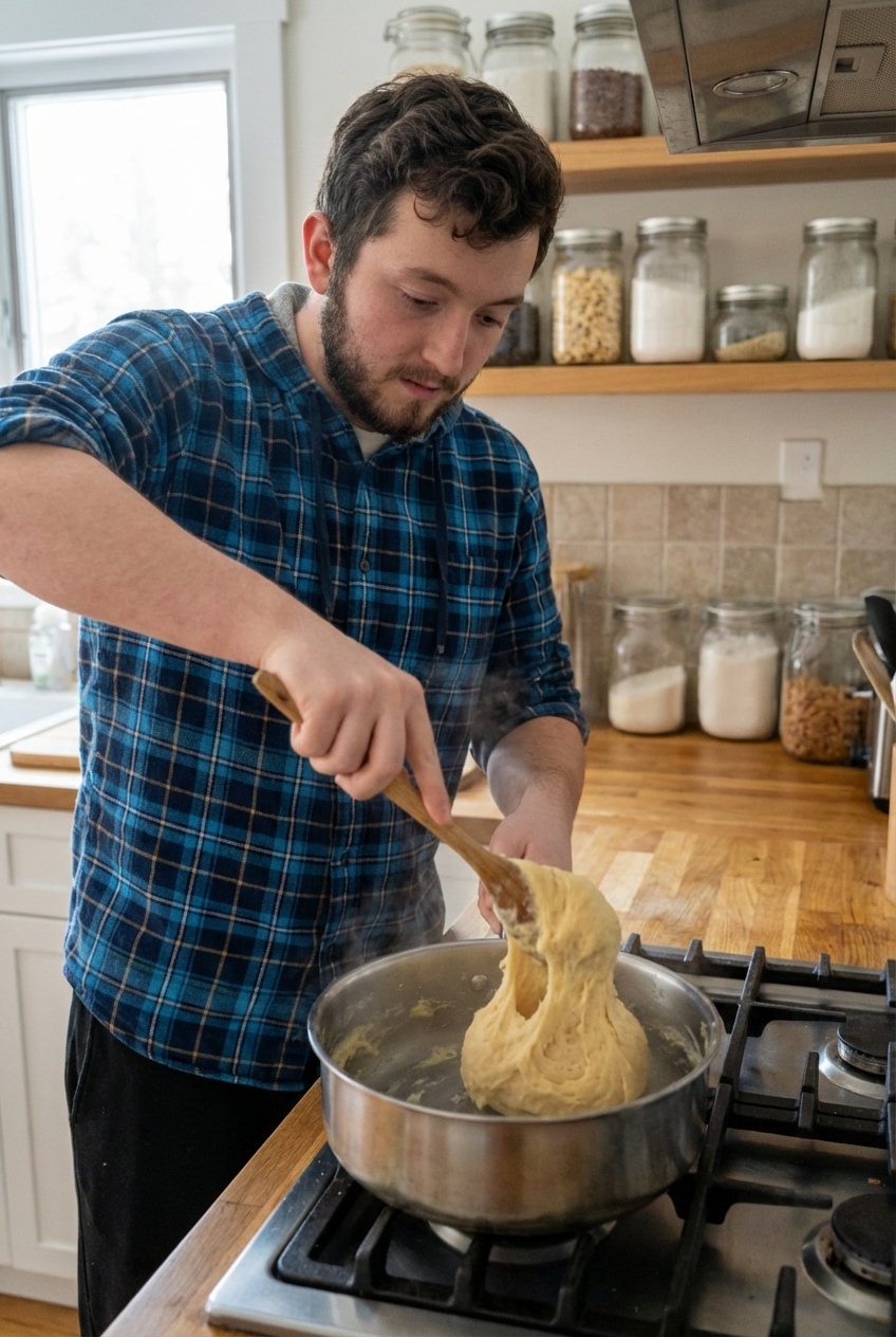 A real photograph of a saucepan on a stovetop with choux dough being stirred into a smooth ball with a wooden spoon