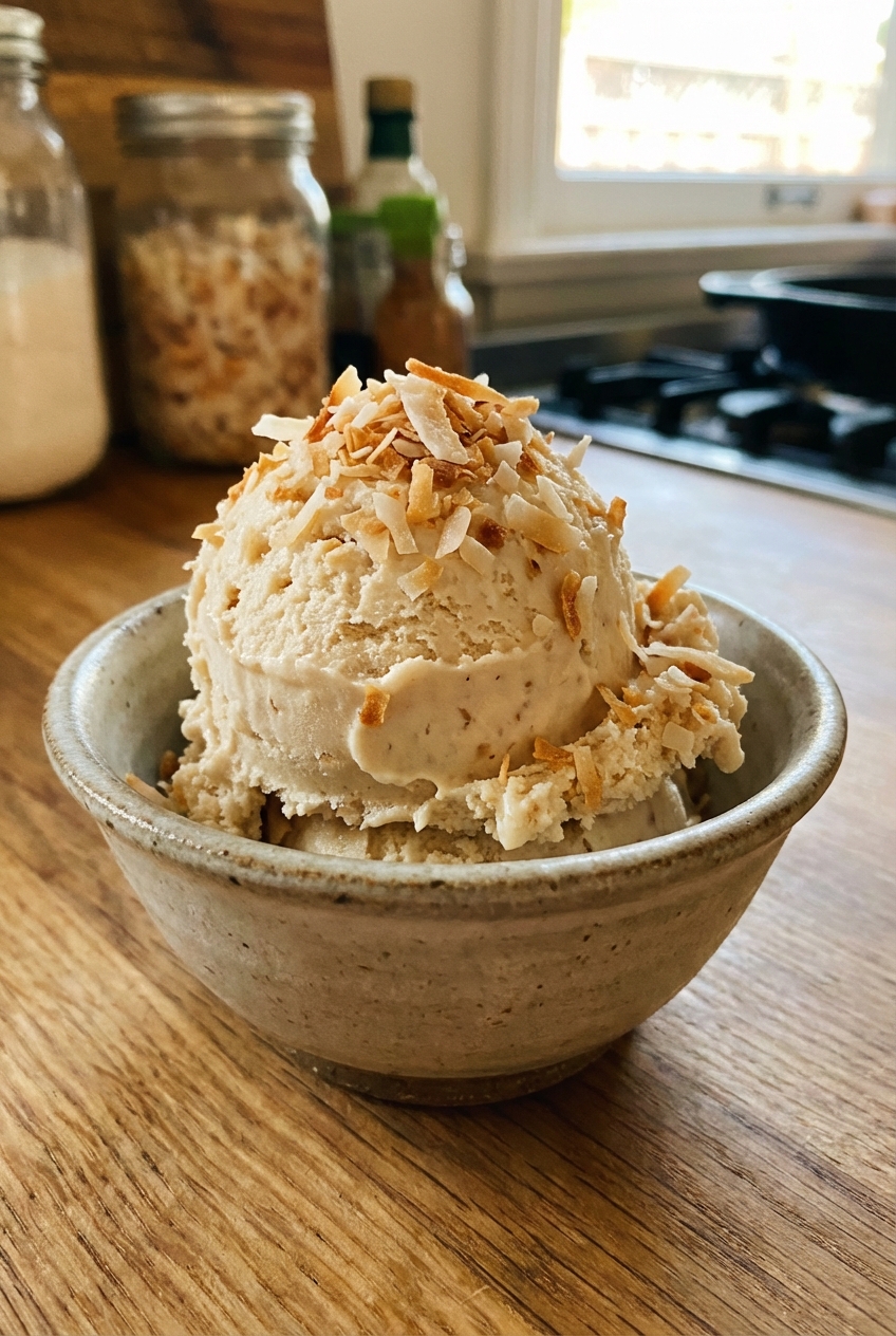 A real photograph of a scoop of toasted coconut ice cream in a small bowl with coconut flakes