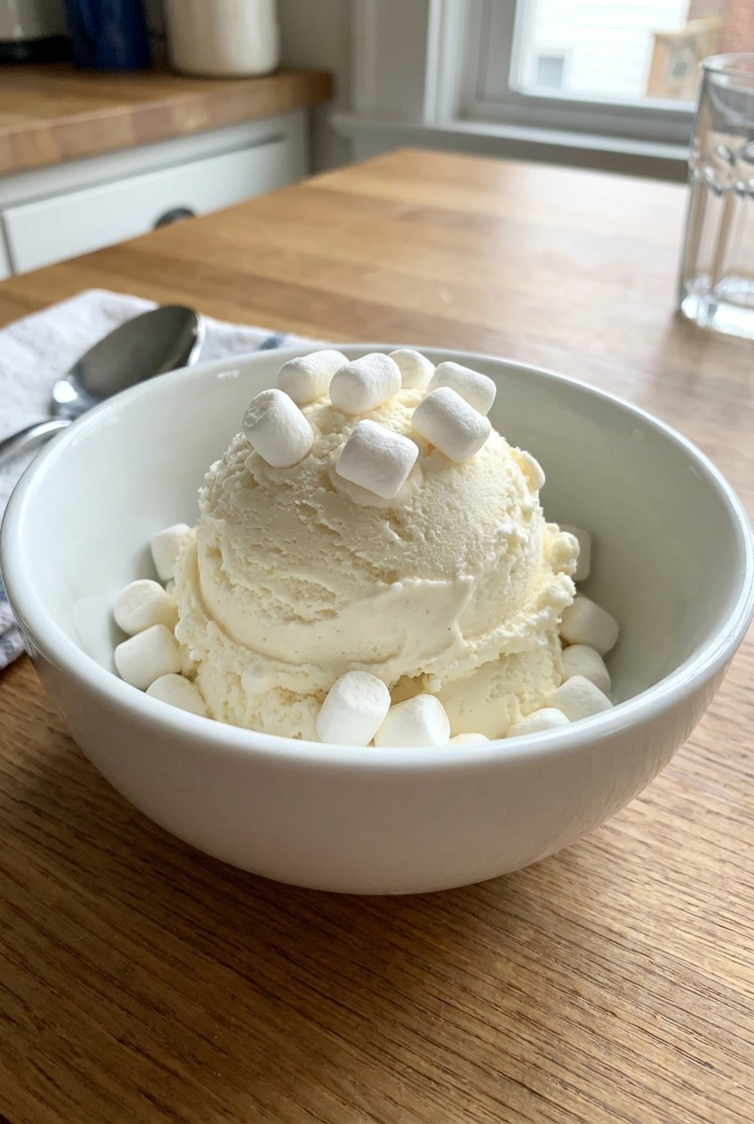 A real photograph of a scoop of vanilla ice cream with marshmallow pieces sprinkled on top