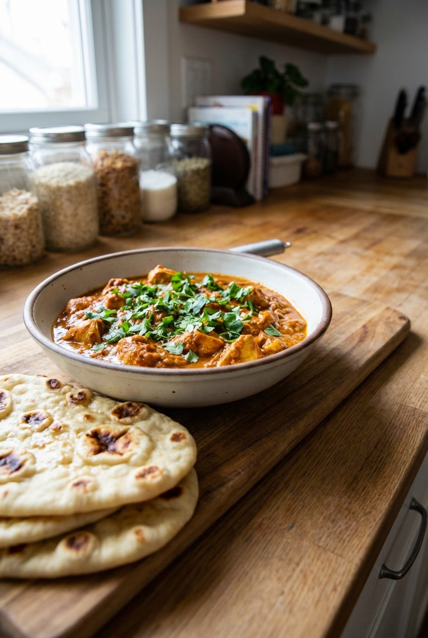 A real photograph of a serving bowl of chicken tikka masala topped with cilantro next to naan on a kitchen counter