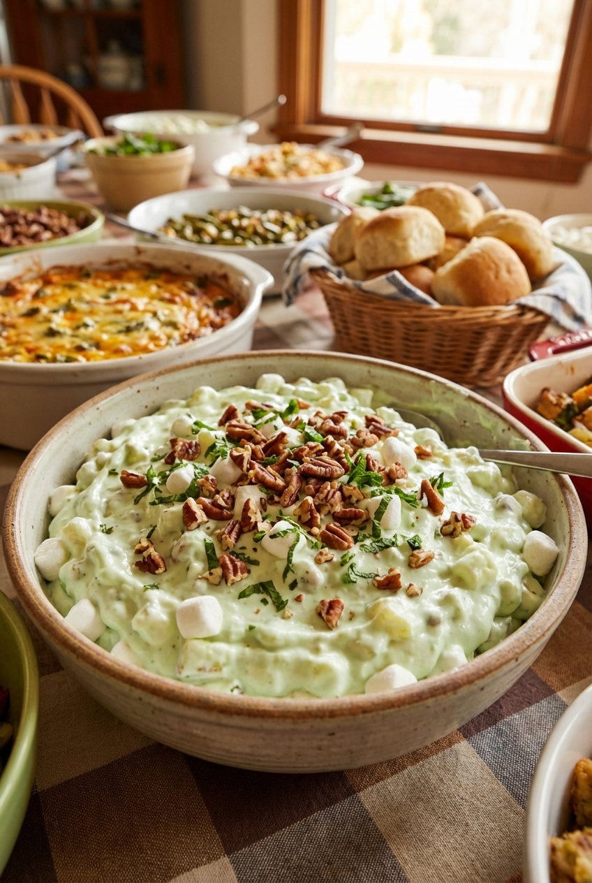 A real photograph of a serving bowl of earthy Watergate salad garnished with toasted nuts and chopped herbs on a potluck table