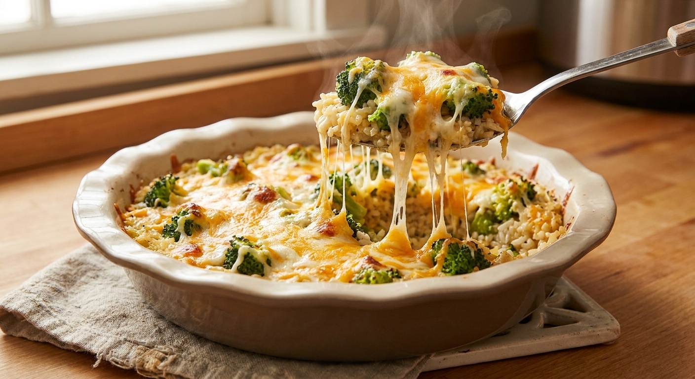 A real photograph of a serving spoon lifting a portion of cheesy broccoli rice casserole from a baking dish with melted cheese stretching slightly