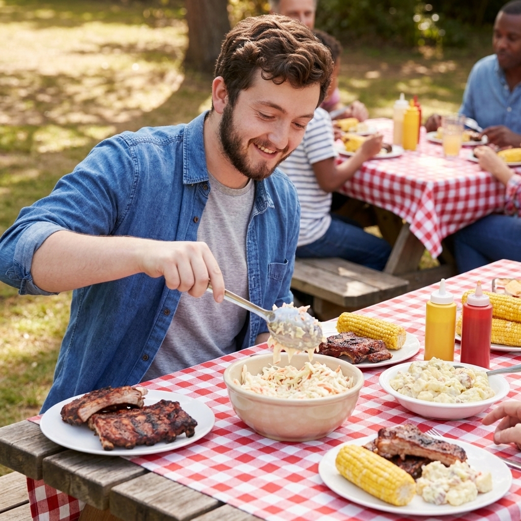 A real photograph of a serving spoon lifting creamy coleslaw from a large bowl at a family barbecue table