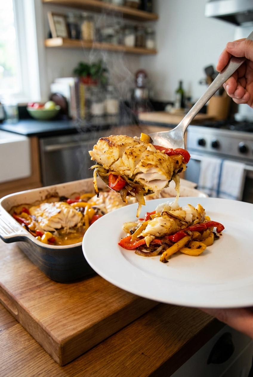 A real photograph of a serving spoon lifting flaky baked fish with roasted onions and peppers from a baking dish onto a dinner plate