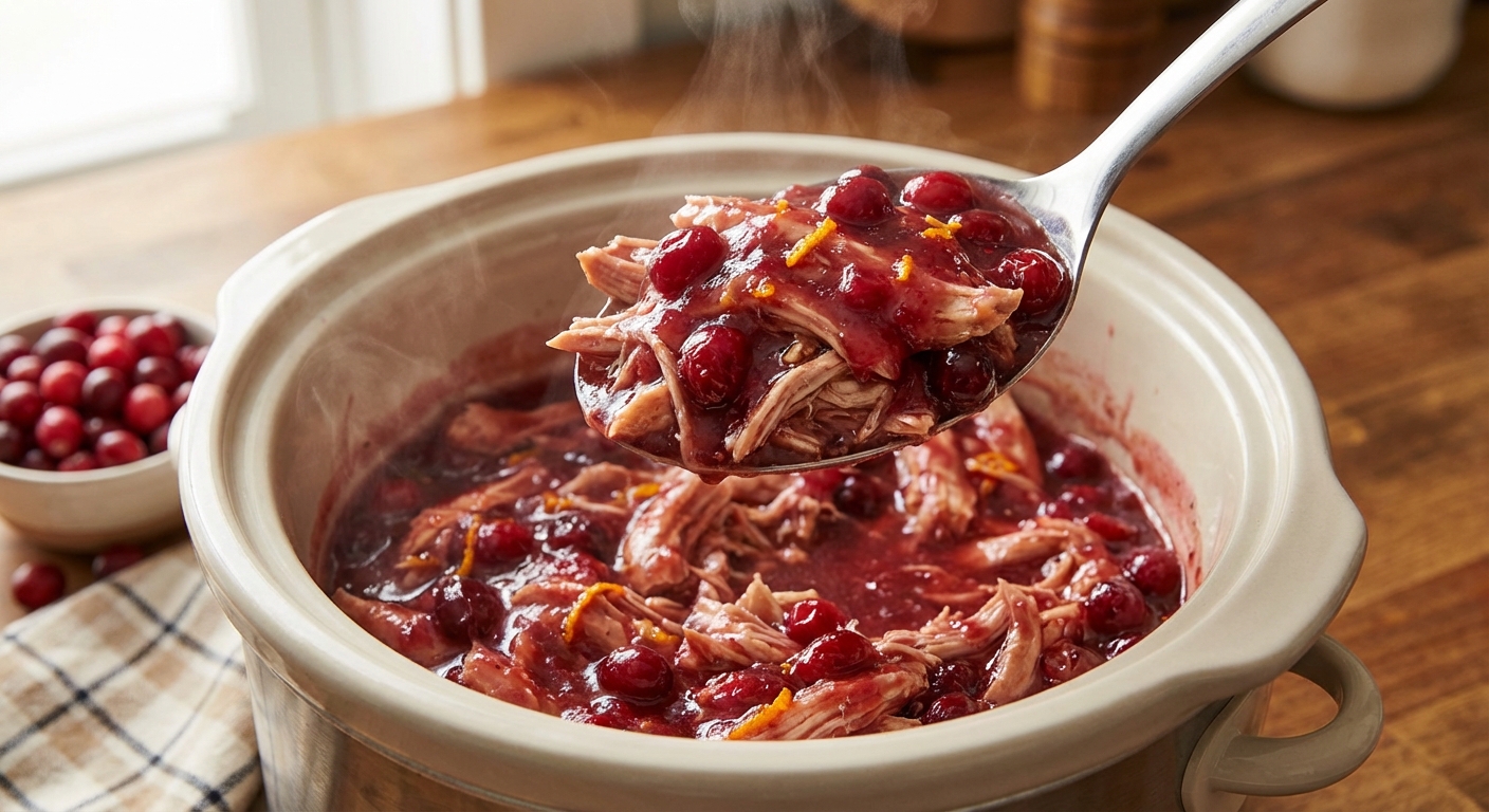 A real photograph of a serving spoon lifting tender slow cooker chicken with glossy cranberry gravy from the crockpot