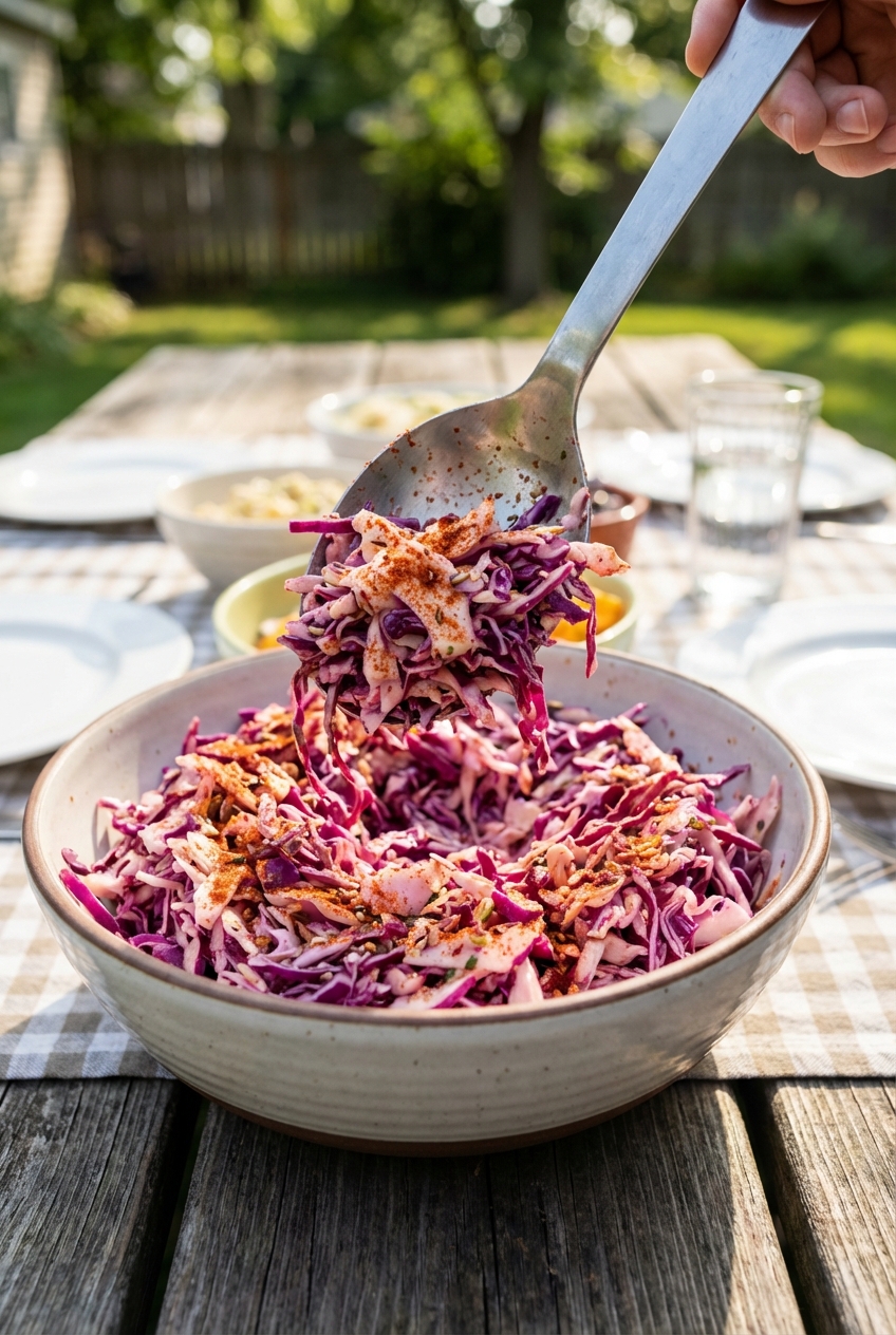 A real photograph of a serving spoon scooping spiced coleslaw from a bowl at a backyard table