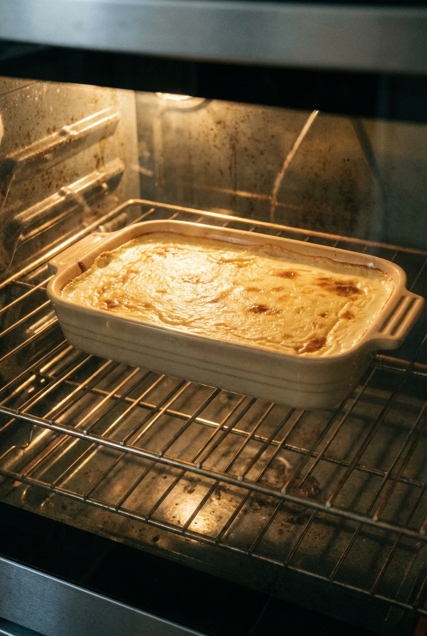 A real photograph of a shallow baking dish of cream in an oven, with a faint golden skin forming on top under warm light