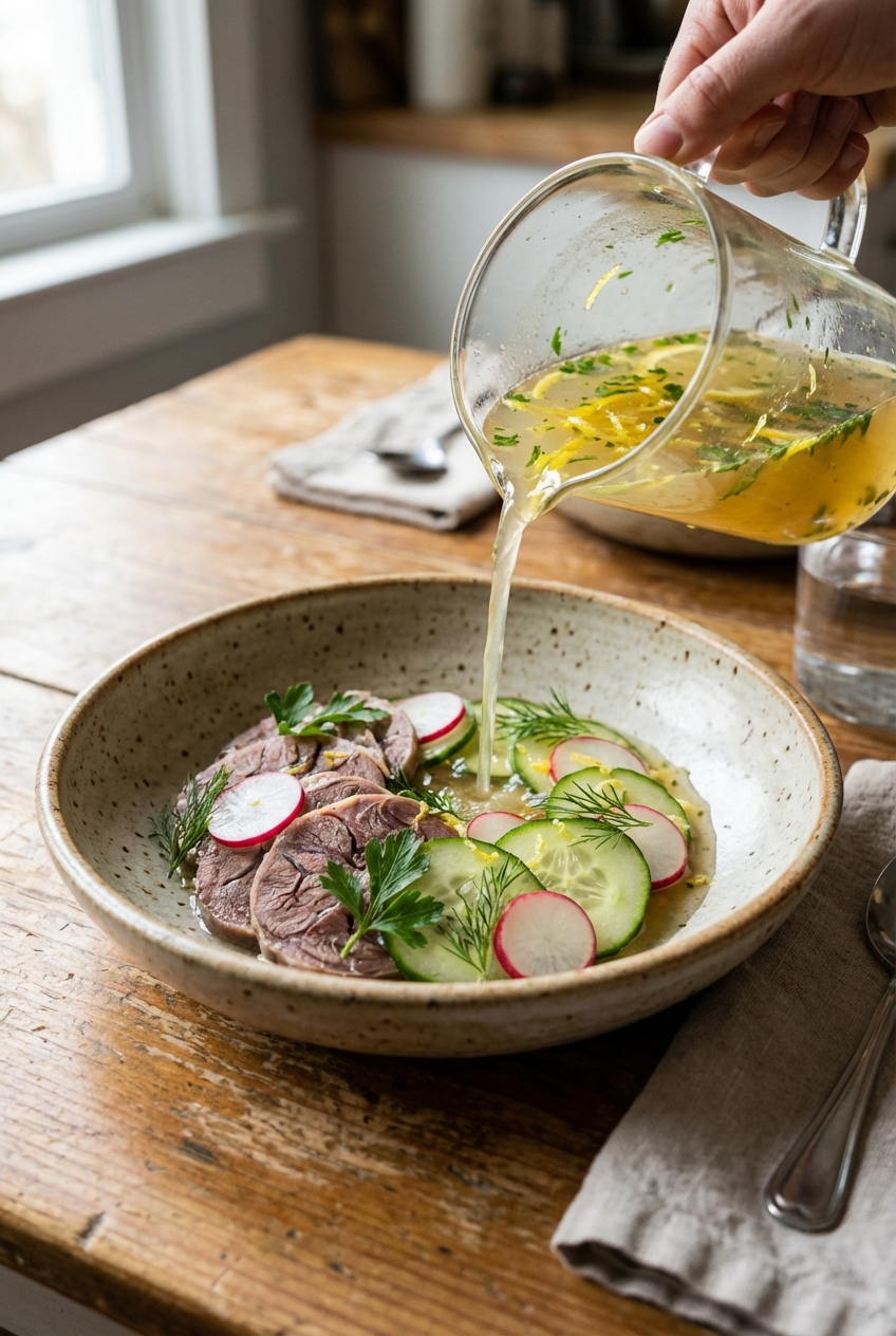 A real photograph of a shallow bowl with chilled sliced shank, cucumber and radish slices, and lemon herb broth being poured in