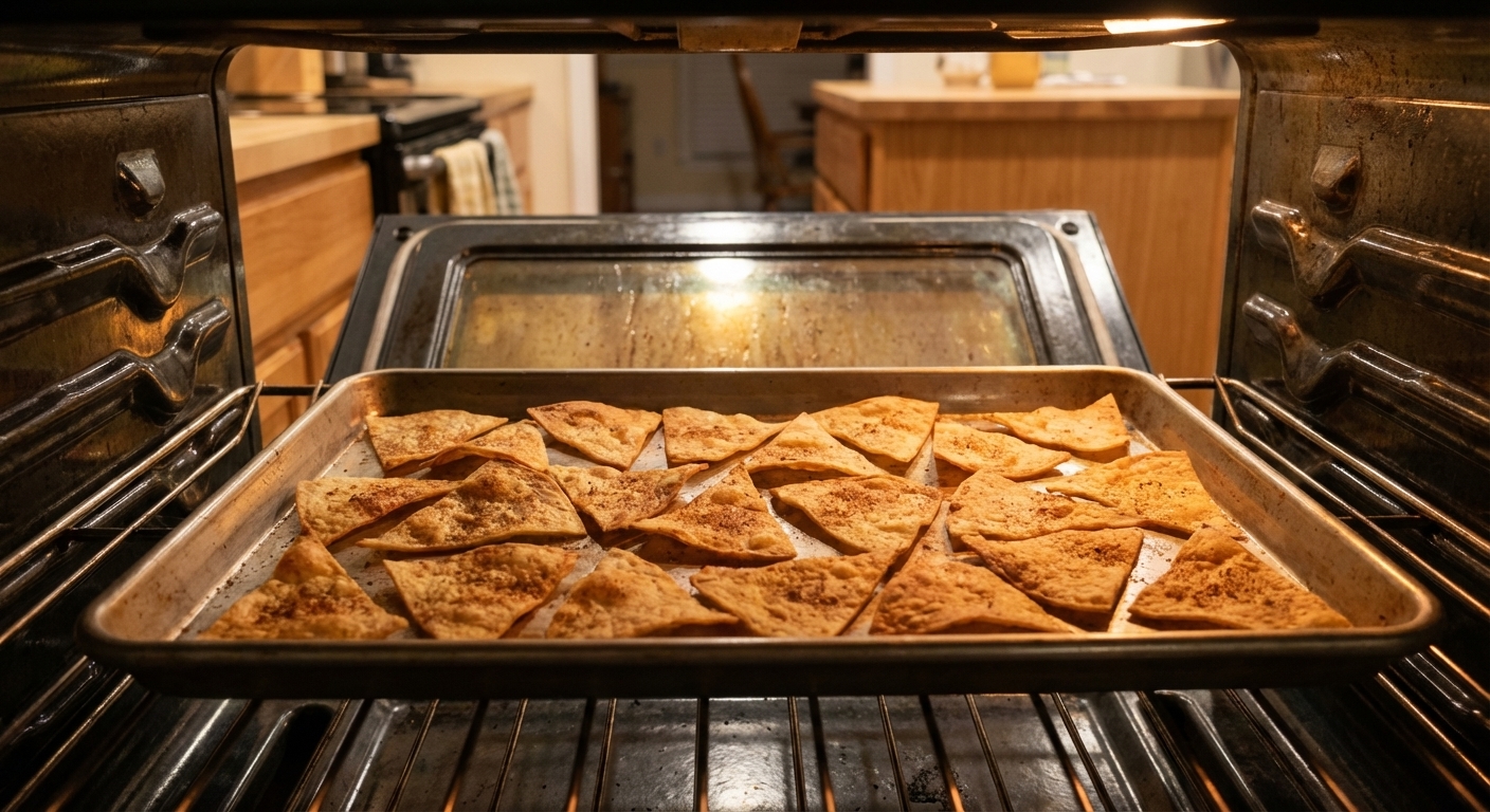A real photograph of a sheet pan in an oven with tortilla chip wedges turning golden and crisp, shot from the oven door perspective with warm kitchen lighting