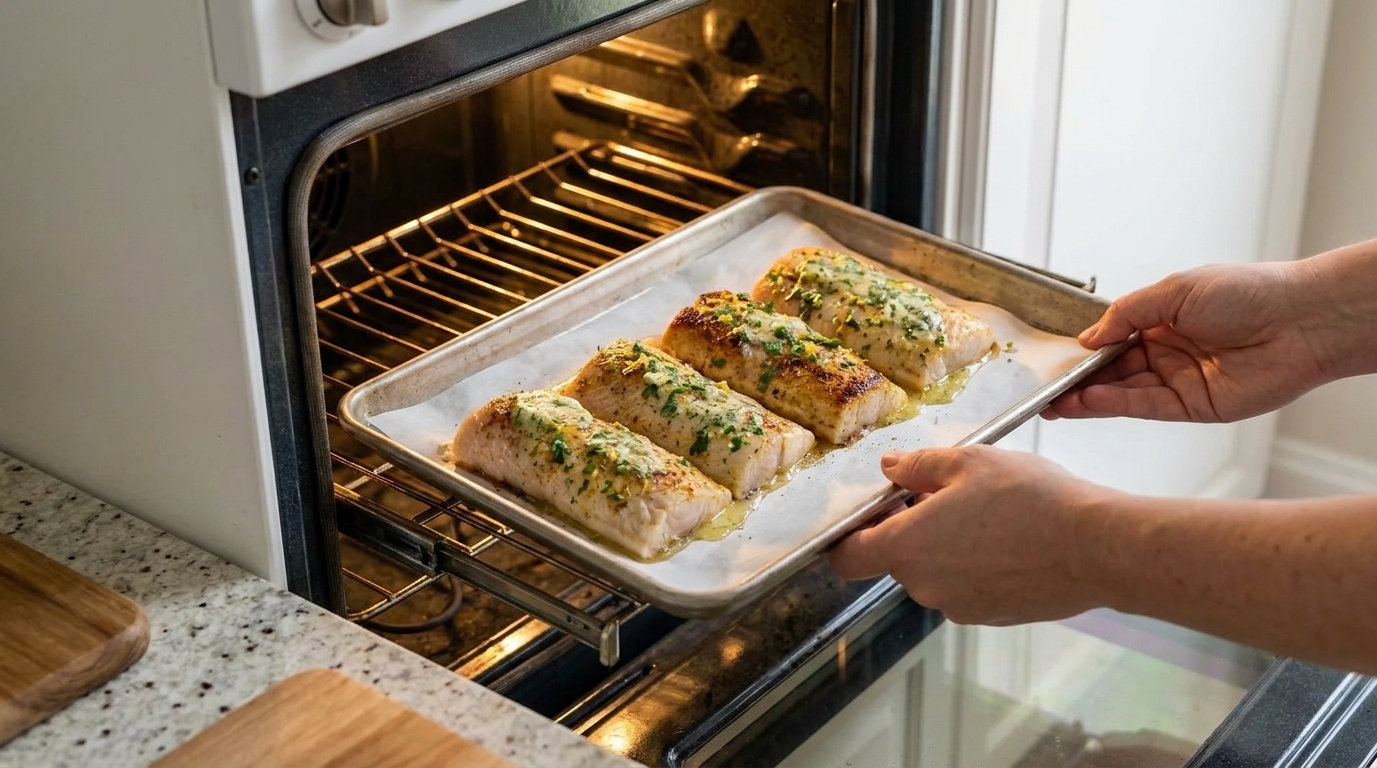A real photograph of a sheet pan of mahi mahi fillets being placed into a home oven, with warm oven light and the fish topped with herb butter