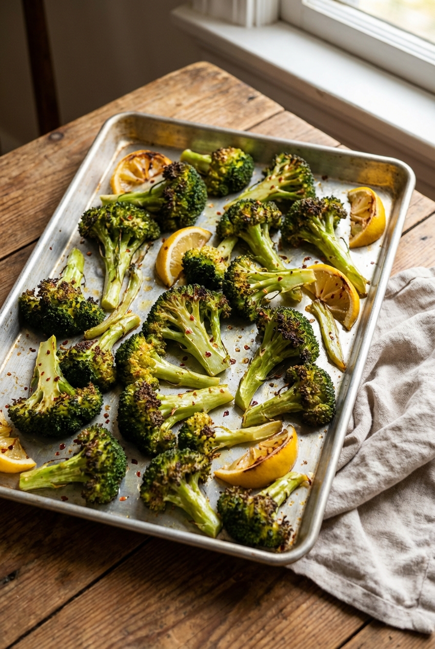 A real photograph of a sheet pan of roasted broccoli with browned edges and lemon wedges