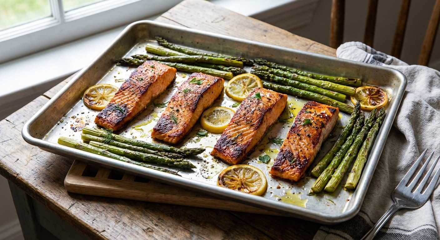 A real photograph of a sheet pan with roasted salmon fillets and asparagus spears with lemon slices and browned edges