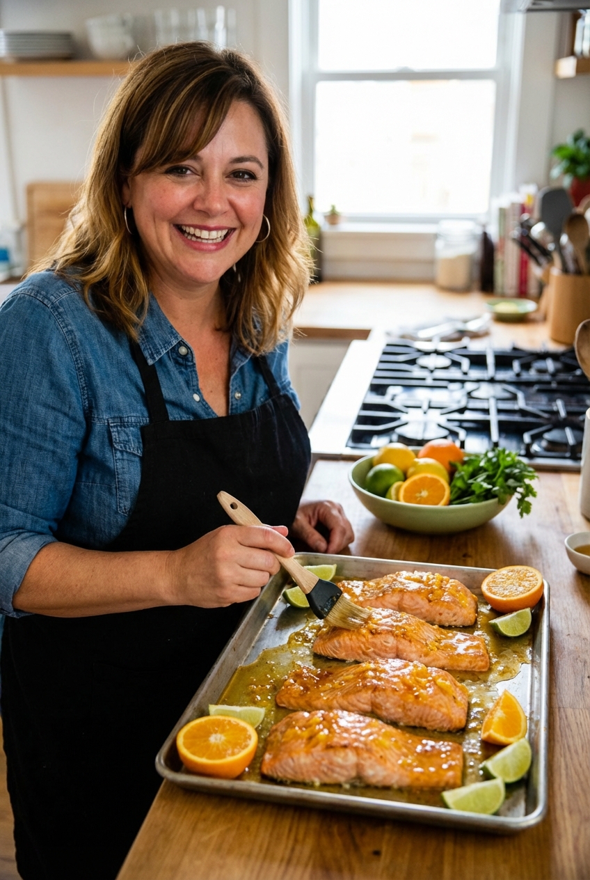 A real photograph of a sheet pan with salmon fillets brushed with citrus glaze just before roasting, with orange halves and lime wedges nearby