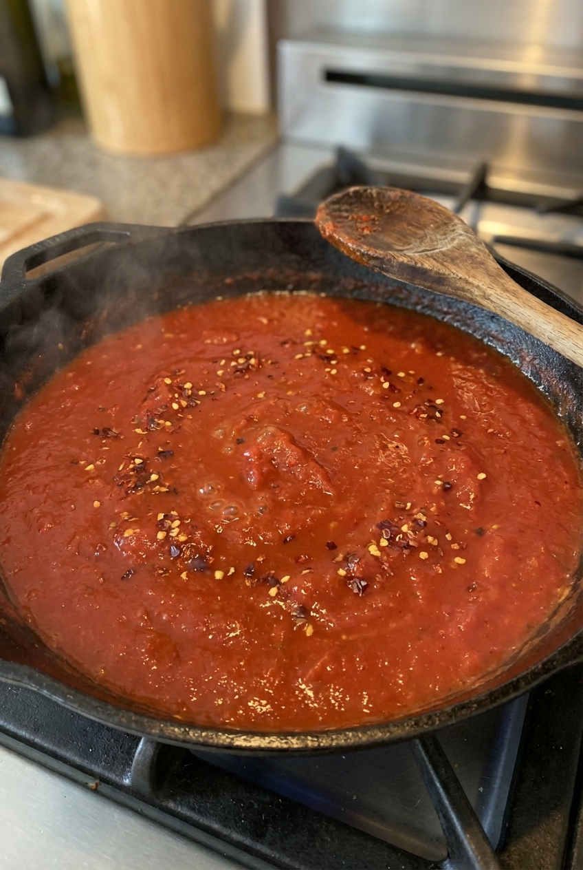 A real photograph of a simmering sweet and spicy tomato sauce in a skillet with visible red pepper flakes and a wooden spoon resting on the edge