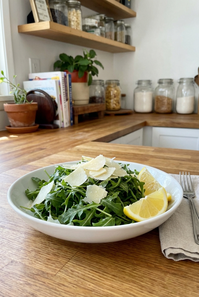 A real photograph of a simple arugula salad in a white bowl with shaved parmesan and lemon wedges on the side, on a kitchen counter