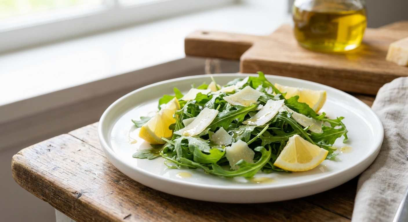 A real photograph of a simple arugula salad with lemon wedges and shaved Parmesan on a white plate on a kitchen table