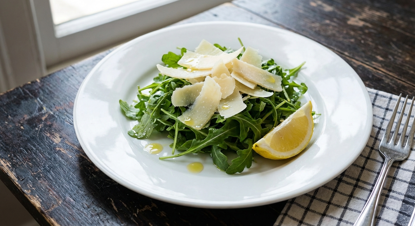 A real photograph of a simple arugula salad with shaved Parmesan and lemon wedge on a white plate