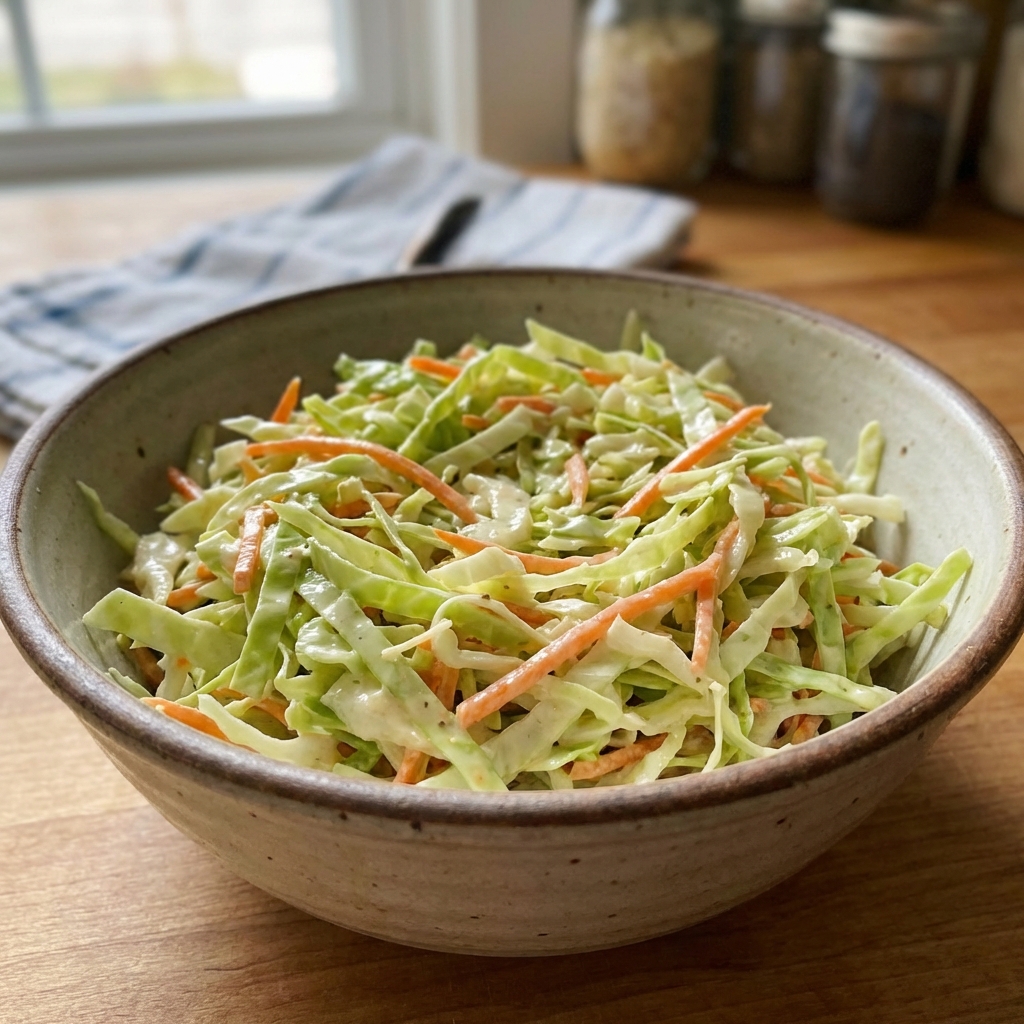 A real photograph of a simple cabbage slaw in a bowl with green cabbage and carrots