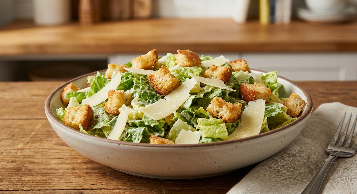 A real photograph of a simple chopped Caesar salad in a large bowl with croutons and Parmesan