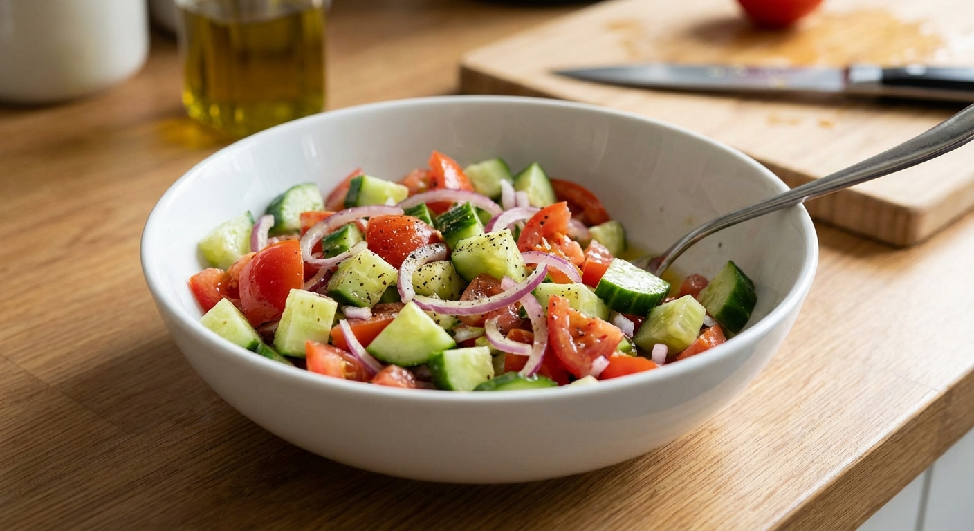 A real photograph of a simple cucumber and tomato salad in a white bowl