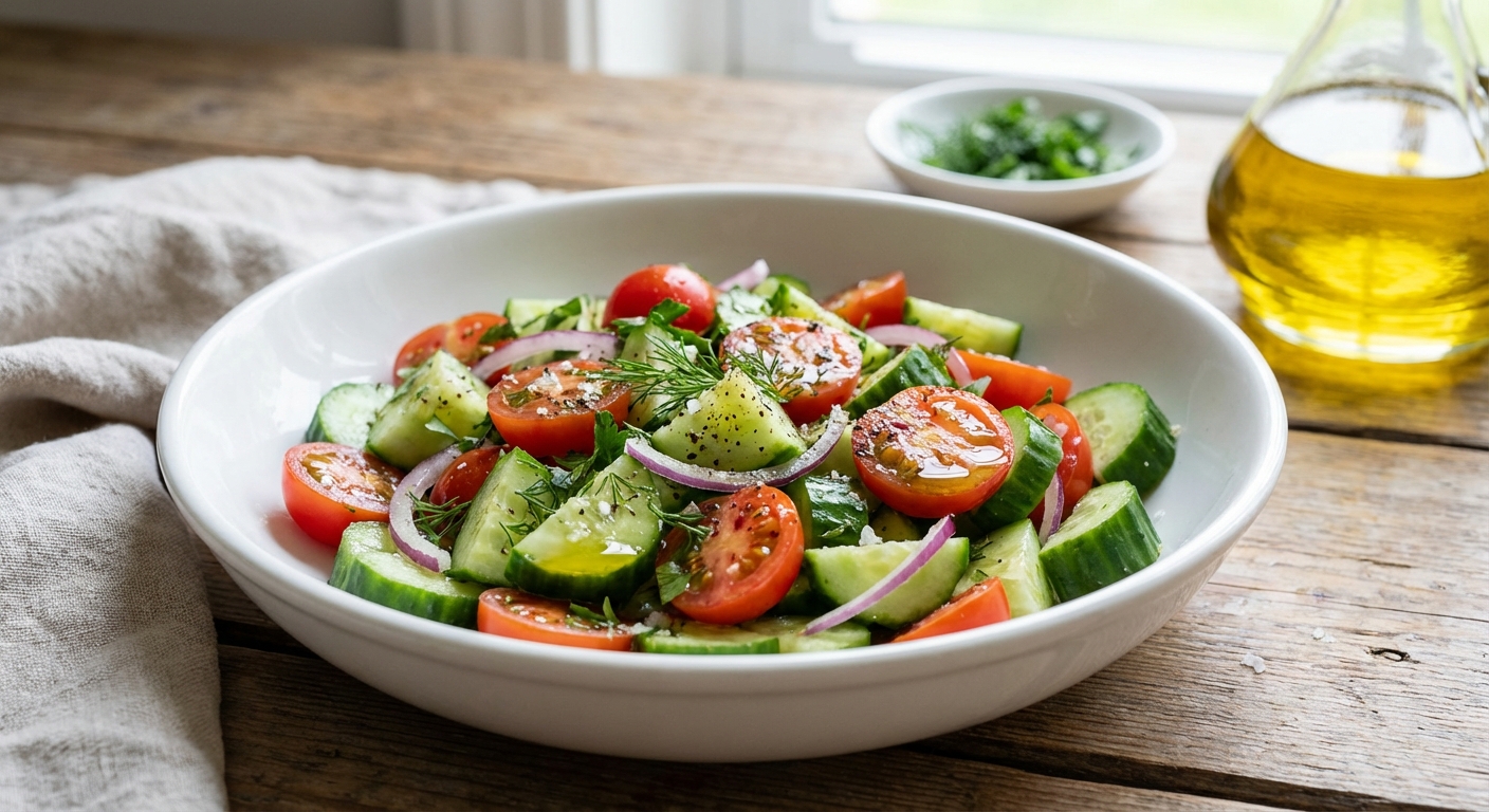 A real photograph of a simple cucumber and tomato salad in a white bowl with olive oil and herbs