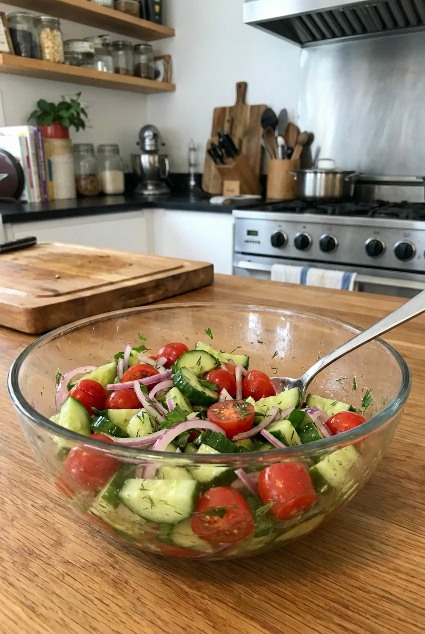 A real photograph of a simple cucumber and tomato salad in a glass bowl