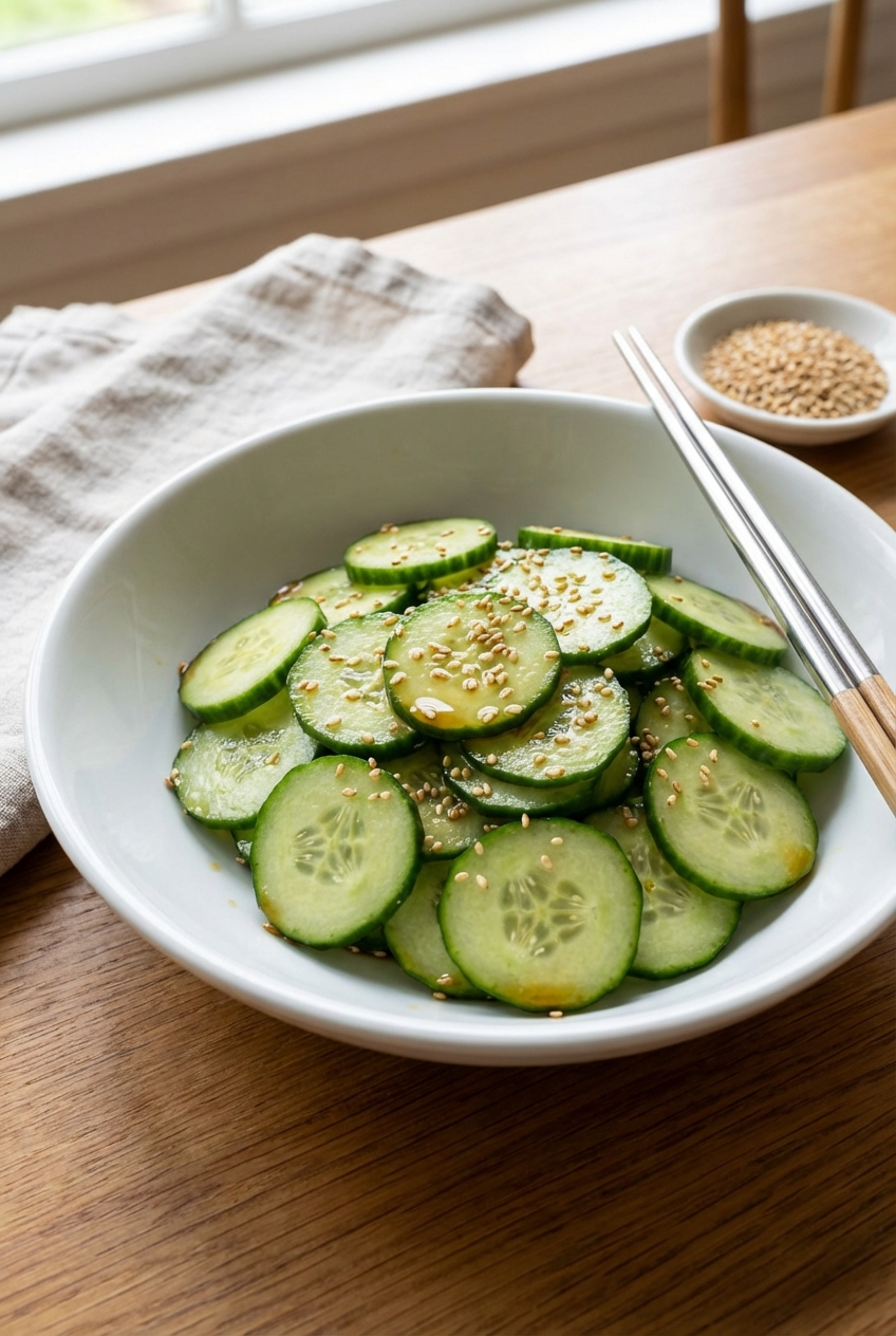 A real photograph of a simple cucumber salad with sesame and rice vinegar in a white bowl