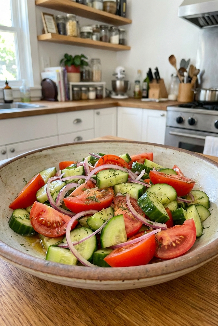 A real photograph of a simple cucumber tomato salad in a serving bowl