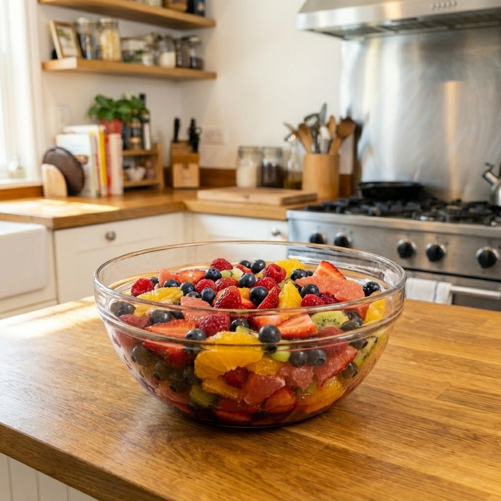 A real photograph of a simple fruit salad in a glass bowl with berries and citrus segments