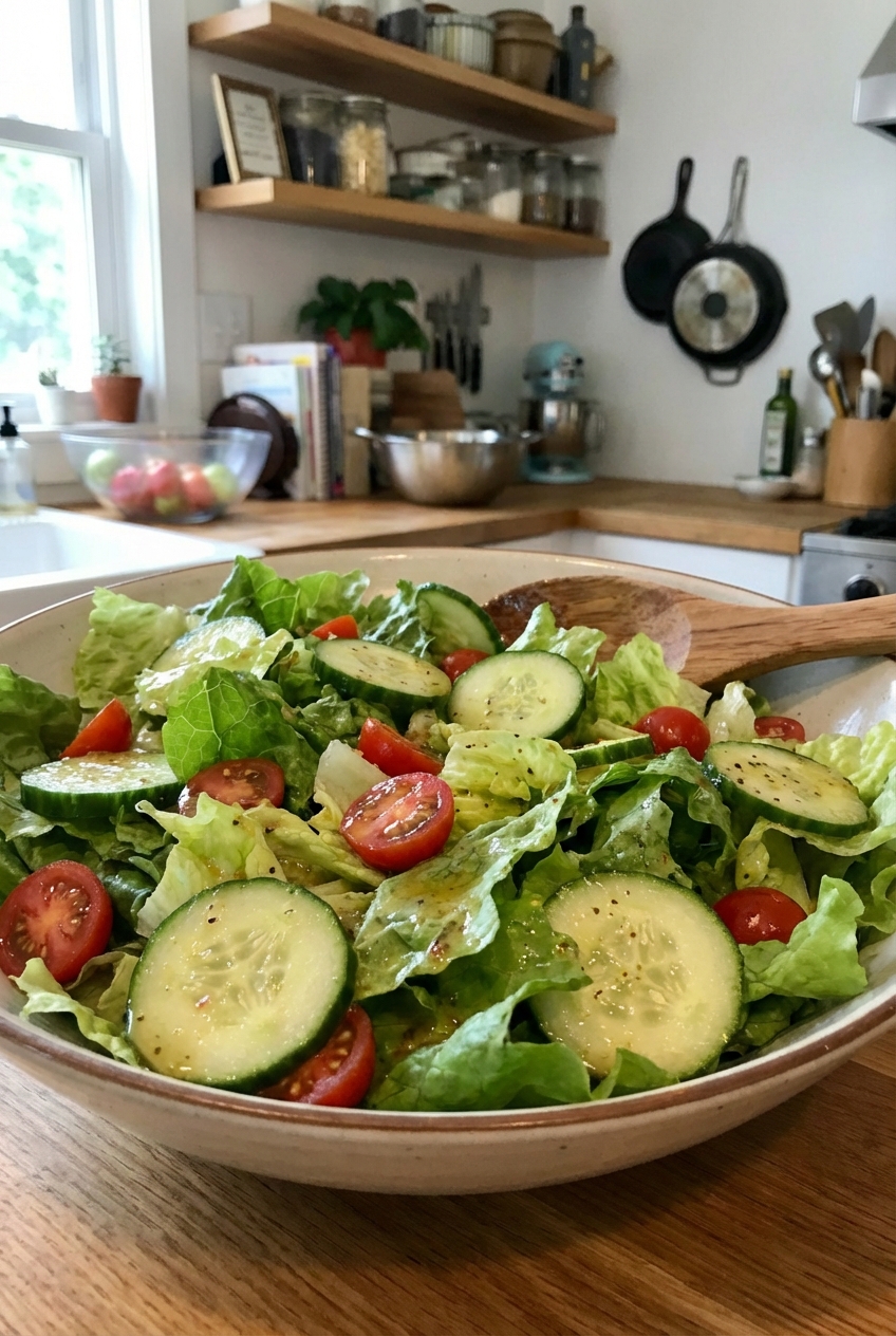 A real photograph of a simple garden salad with cucumbers tomatoes and a light vinaigrette