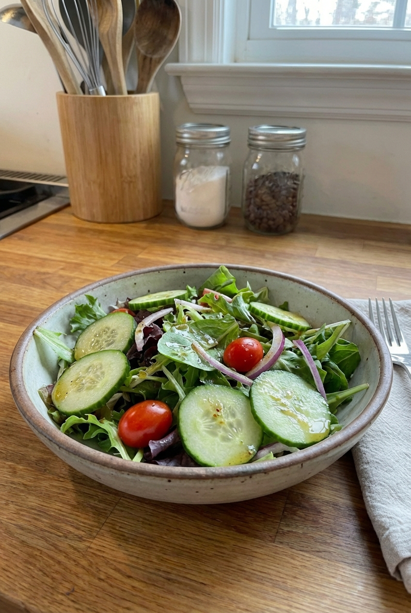 A real photograph of a simple green salad in a bowl with cucumber slices and a light vinaigrette