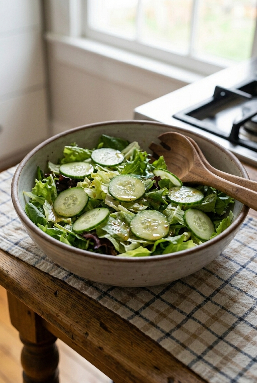 A real photograph of a simple green salad with cucumbers and a light vinaigrette in a large bowl