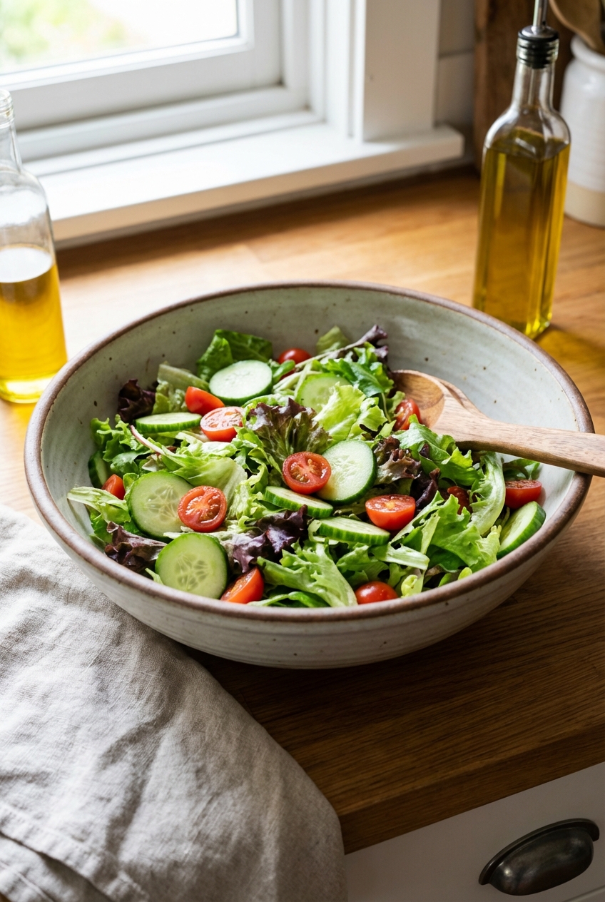 A real photograph of a simple green salad with cucumbers and cherry tomatoes in a large bowl