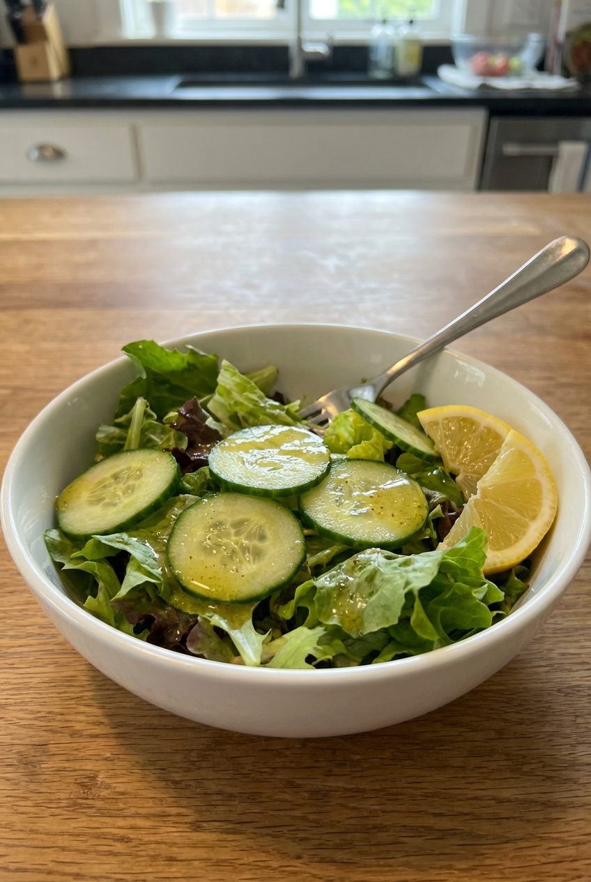 A real photograph of a simple green salad with cucumbers and lemon vinaigrette in a white bowl