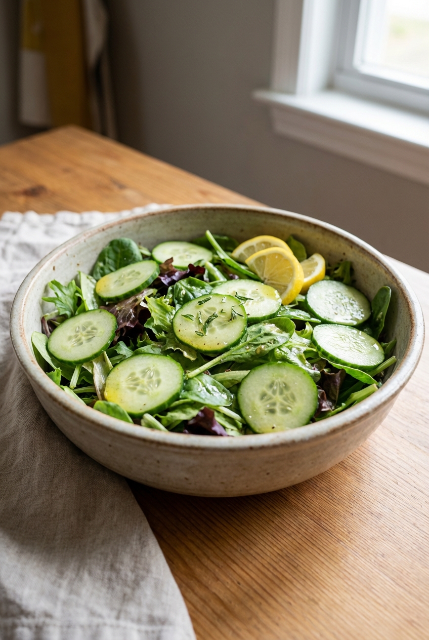 A real photograph of a simple green salad with cucumber and lemon vinaigrette in a bowl