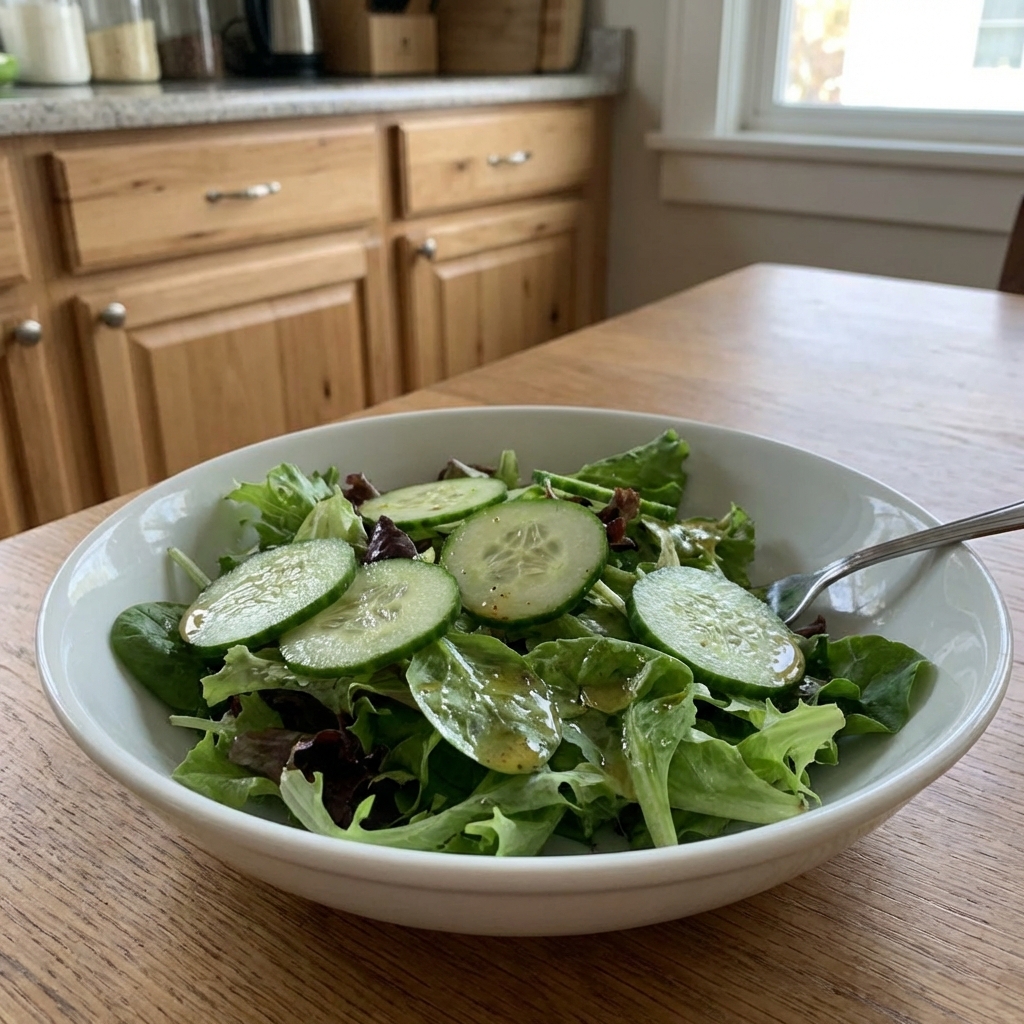 A real photograph of a simple green salad with cucumbers and a light vinaigrette in a white bowl