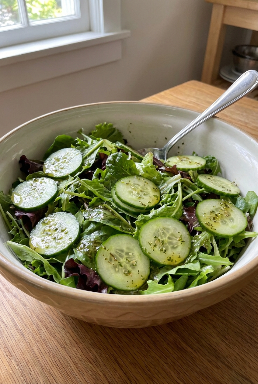 A real photograph of a simple green salad with cucumbers and vinaigrette in a large bowl