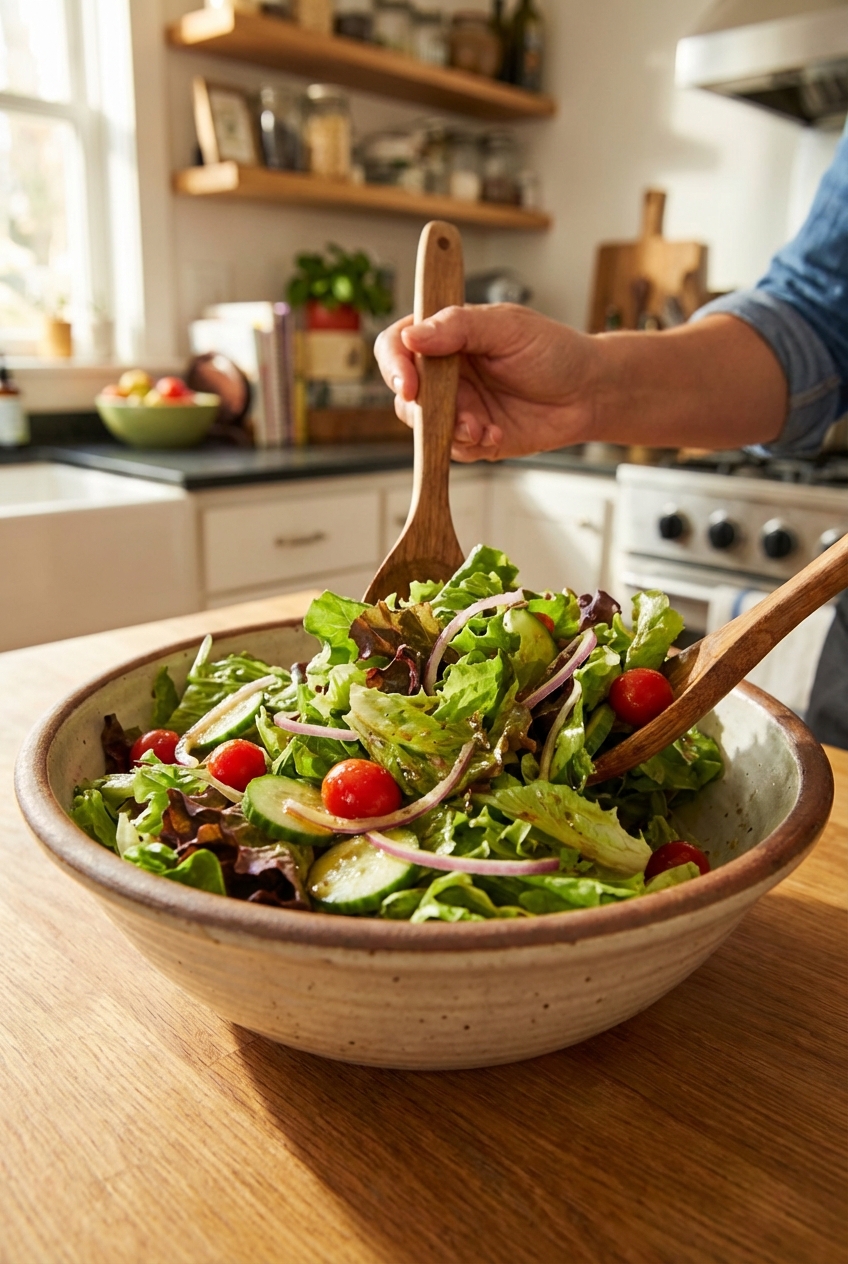 A real photograph of a simple green salad with vinaigrette in a large bowl