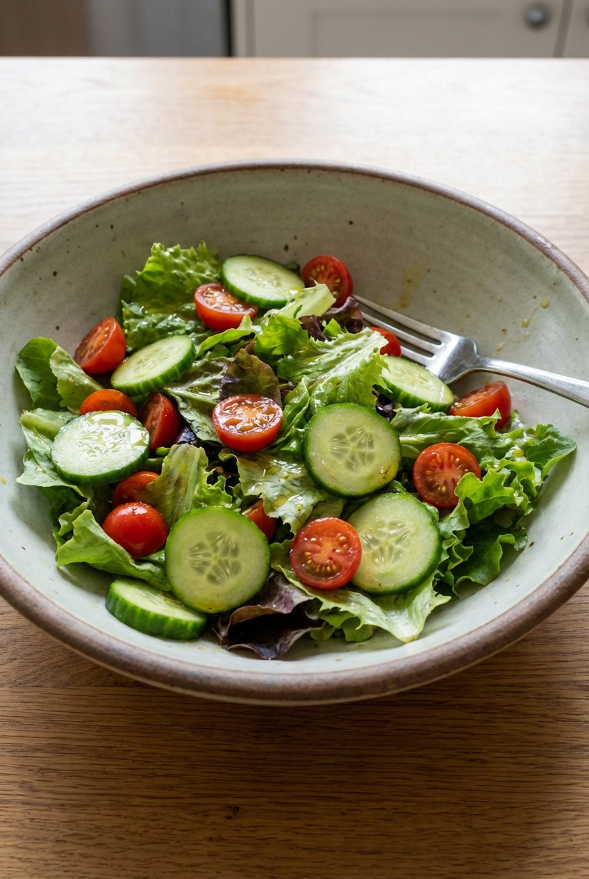 A real photograph of a simple side salad in a large bowl with cucumbers, tomatoes, and vinaigrette