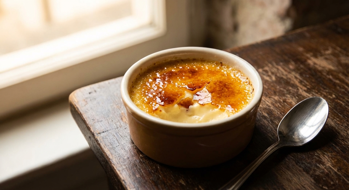 A real photograph of a single ramekin of classic crème brûlée on a dark wooden table, showing a glossy caramelized sugar top with a small cracked spot revealing pale vanilla custard underneath, a spoon resting beside it, warm natural window light