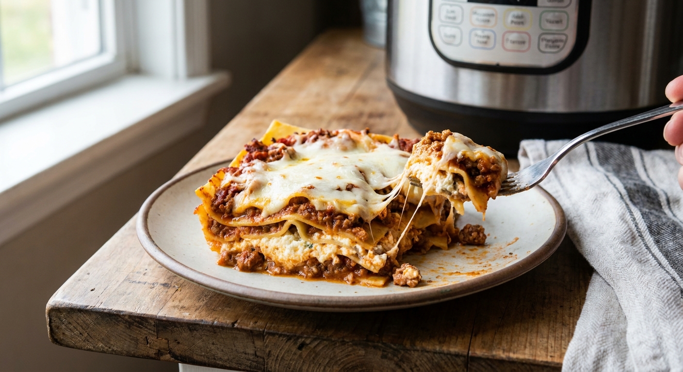 A real photograph of a single slice of Instant Pot lasagna on a plate with visible layers and melted mozzarella stretching slightly, sitting on a kitchen counter