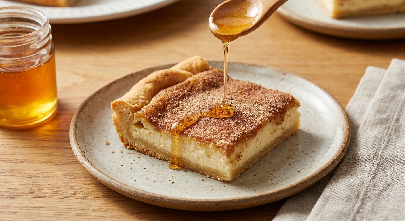 A real photograph of a single sopapilla cheesecake bar on a small plate with a thin stream of honey being drizzled over the cinnamon-sugar top