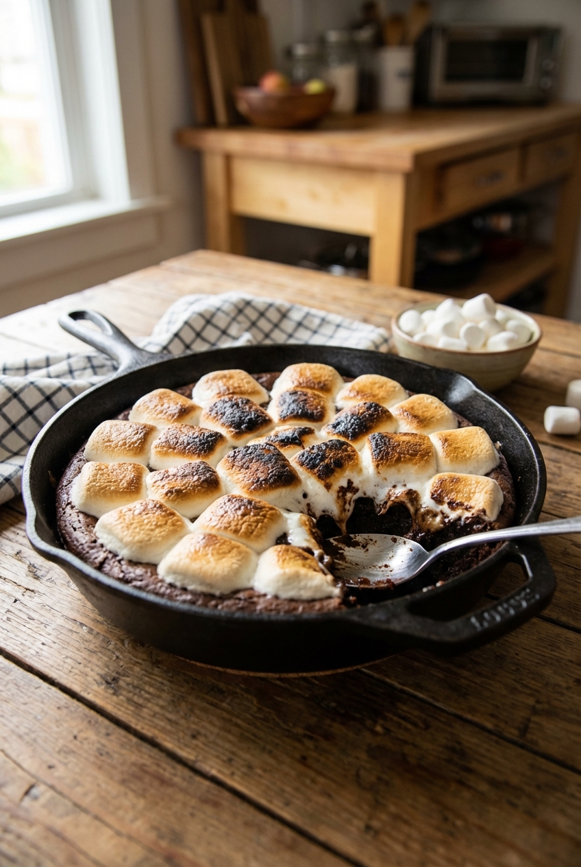 A real photograph of a skillet brownie topped with toasted marshmallows