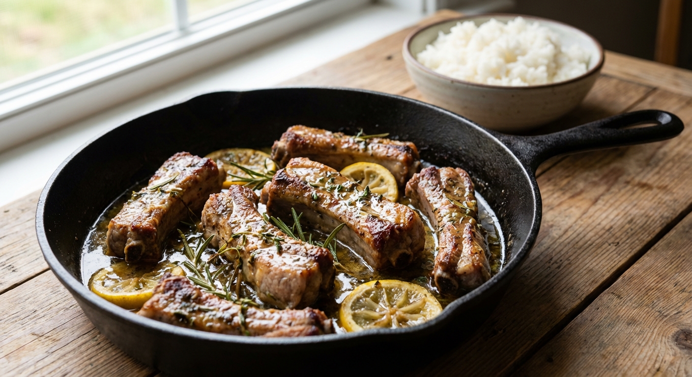 A real photograph of a skillet filled with browned country style pork ribs in a glossy lemon and herb pan sauce, with a small bowl of fluffy rice in the background on a wooden table in natural window light