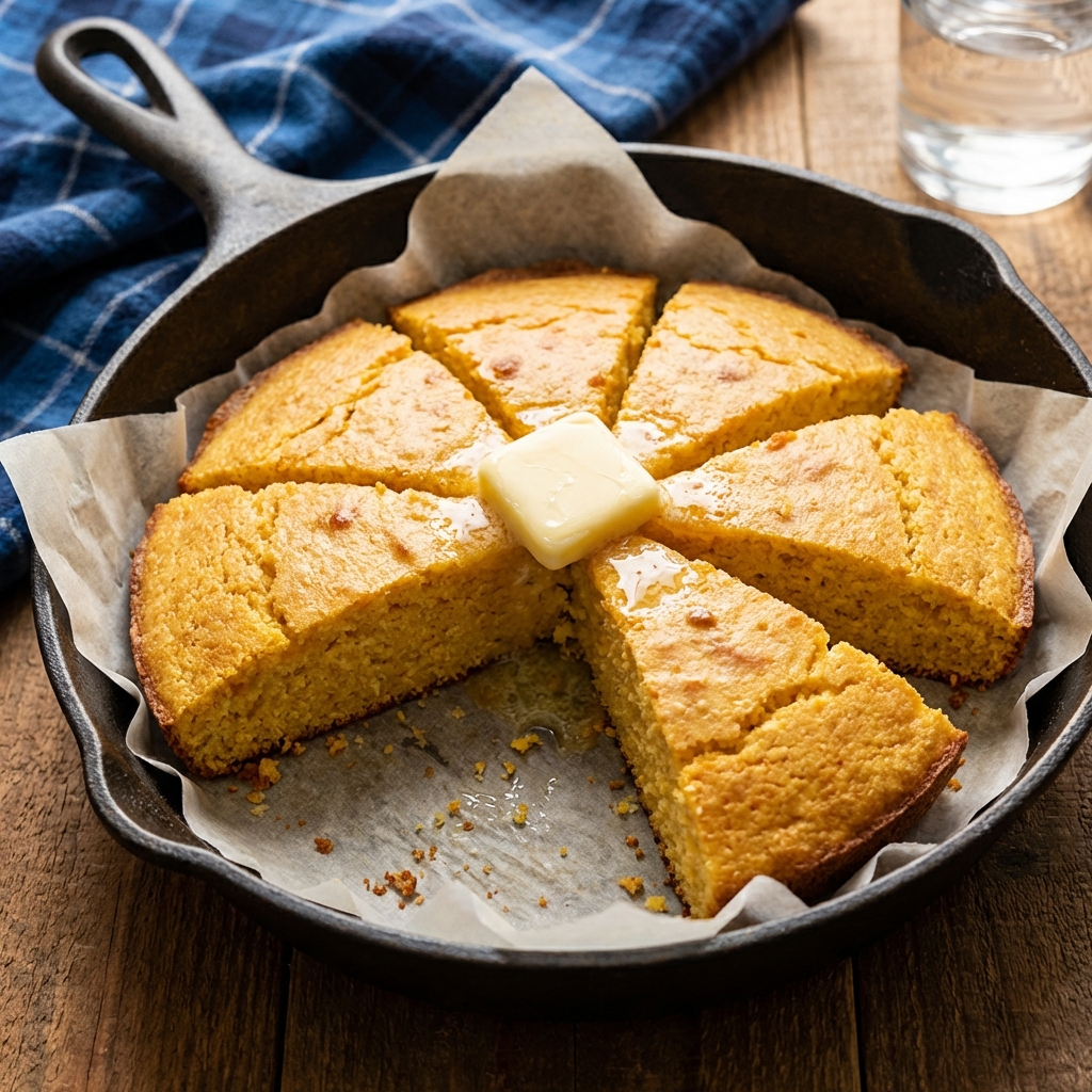 A real photograph of a skillet of golden cornbread wedges on parchment with a pat of butter melting