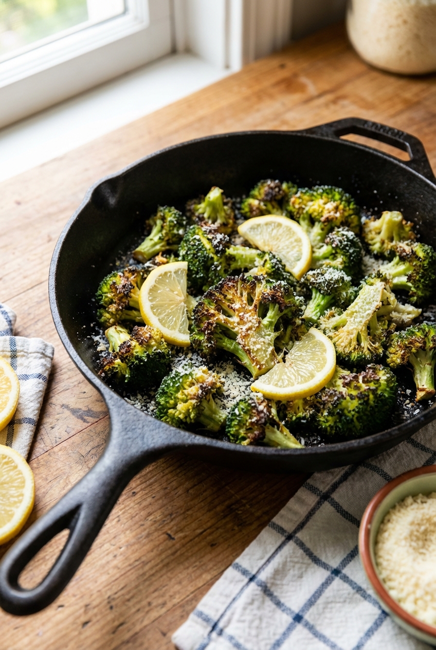A real photograph of a skillet of lemony roasted broccoli with browned edges and grated parmesan